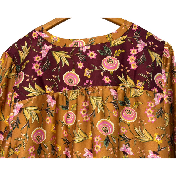 Loft Sz XXL Dressy Blouse Contrast Yoke Bronze & Burgundy Floral Satin Office - Picture 6 of 8